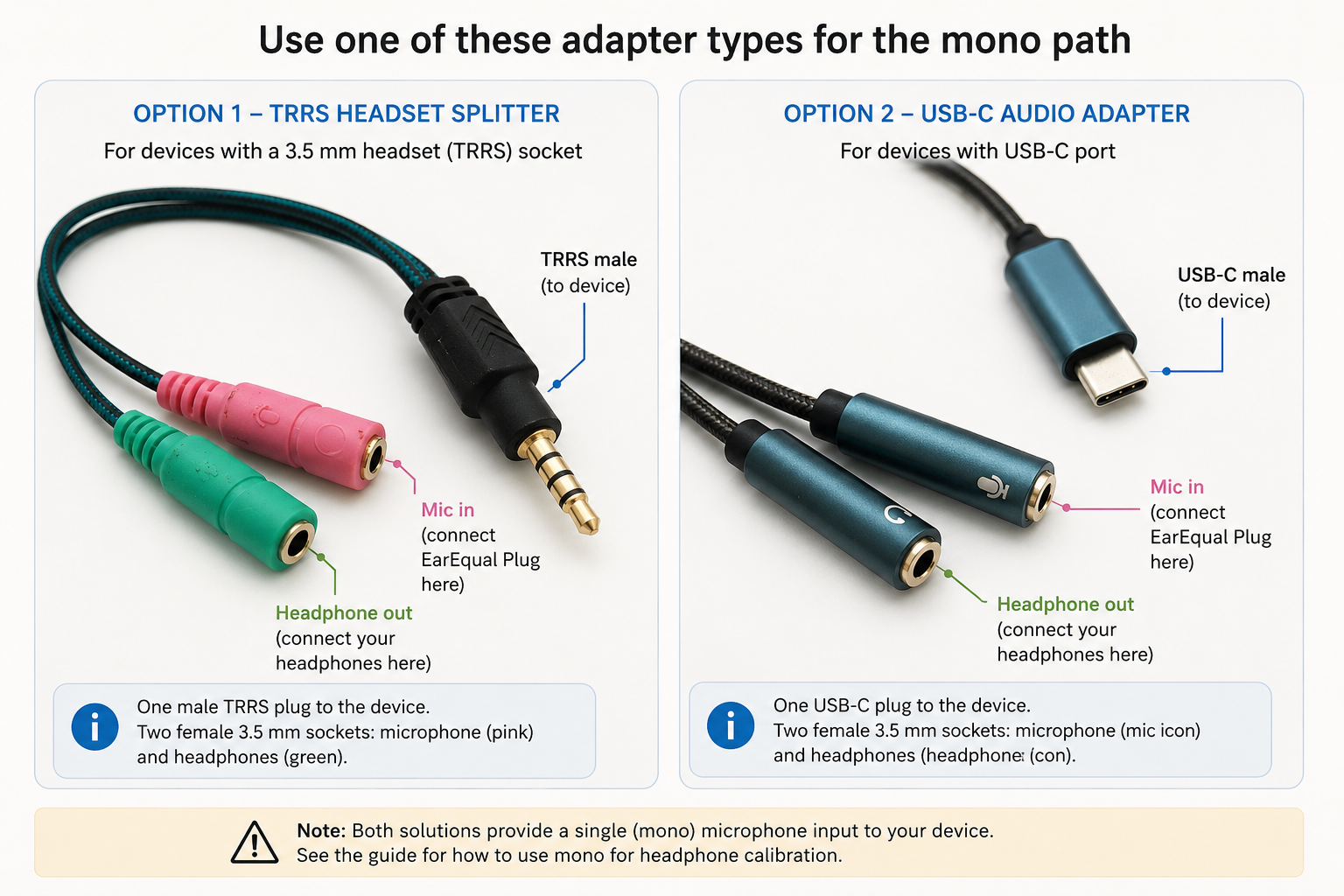 Two mono calibration adapter options: a 3.5 mm TRRS CTIA headset splitter and an ordinary USB-C headset audio adapter, each with separate headphone and microphone sockets.